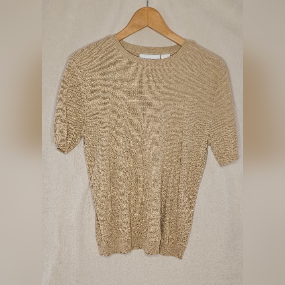EUC Alfred Dunner Sweater Womens Size Small Beige Short Sleeve Crew Neck MadeUSA